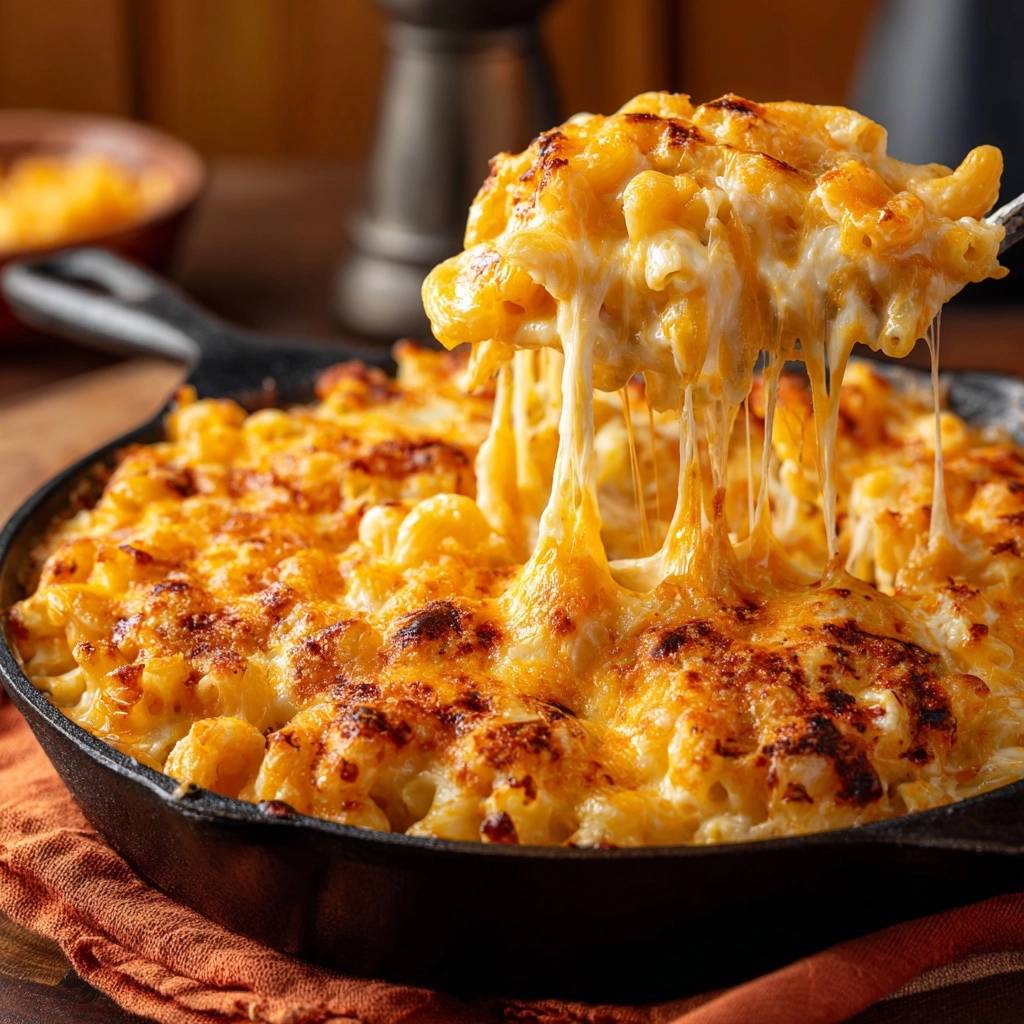 Skillet mac and cheese with a fork lifting a cheesy portion, showcasing the silky sauce mastery.