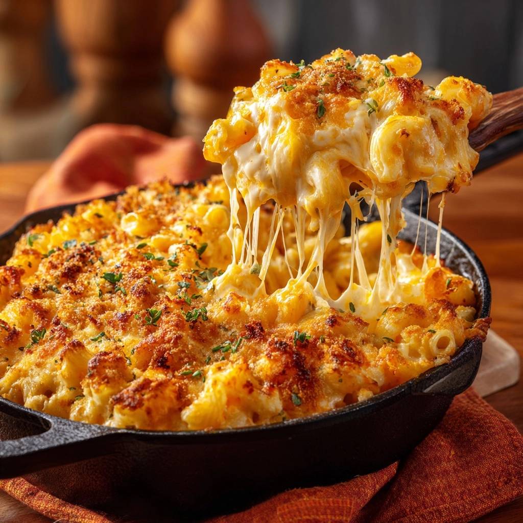 Skillet mac and cheese showing a gooey cheese pull from a wooden spoon scooping a serving.