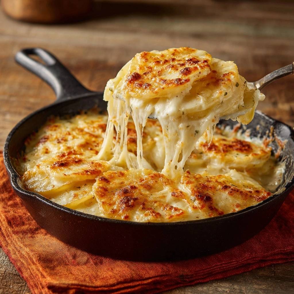 Skillet potatoes au gratin with a cheesy pull being lifted out of the cast iron pan.