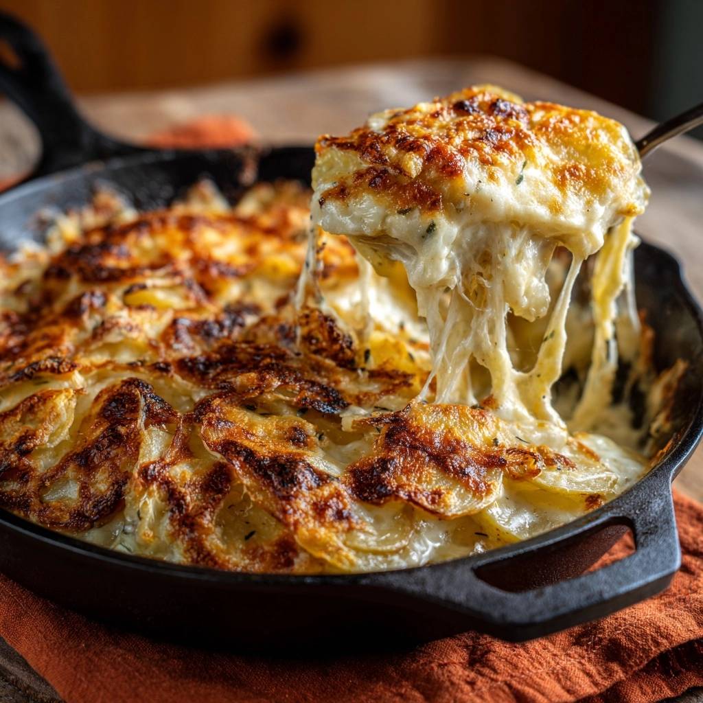 Skillet Potatoes Au Gratin with a generous cheesy pull being lifted from the cast iron pan.