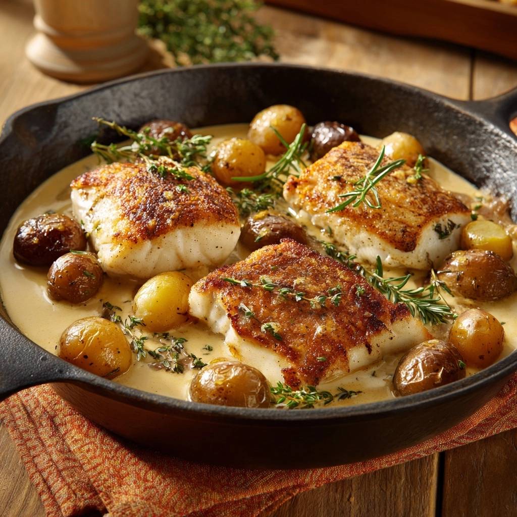 Skillet-seared cod with rosemary baby potatoes served in a cast-iron skillet with a creamy sauce.