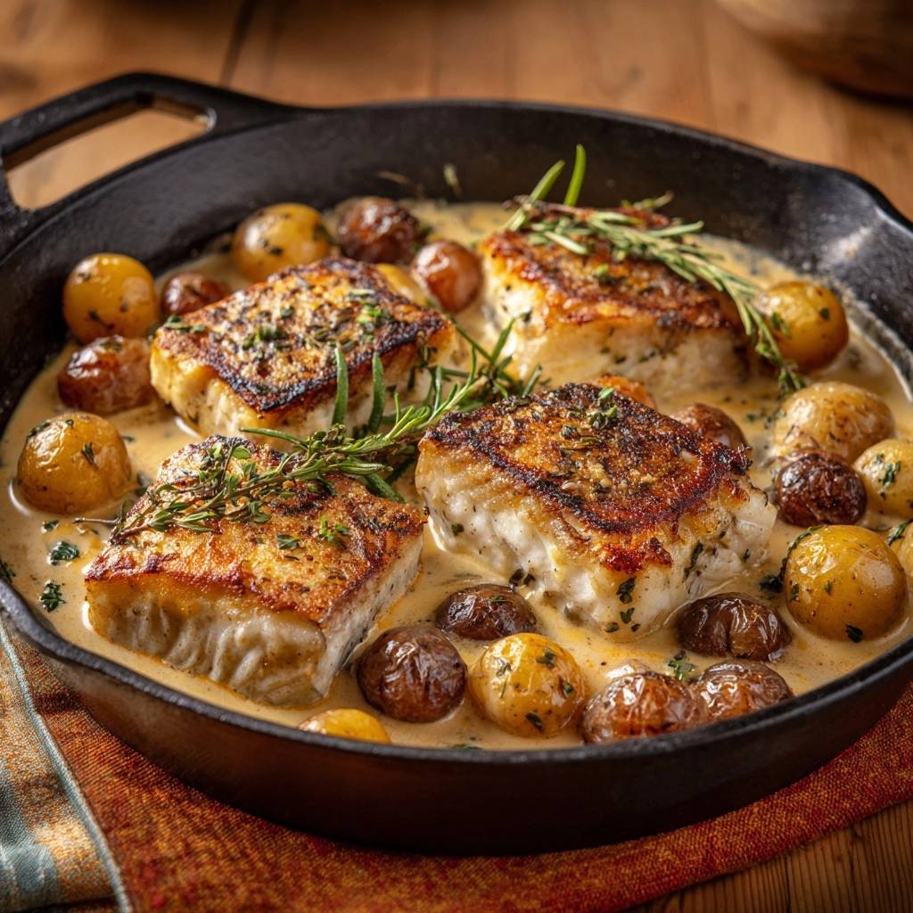 Skillet-seared cod with rosemary baby potatoes served in a cast-iron pan with a creamy sauce.