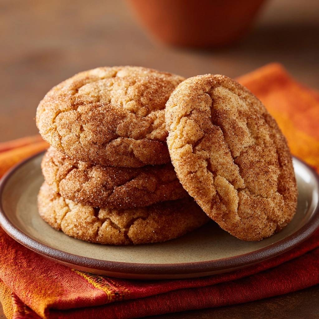 Perfect snickerdoodles stacked on a plate, showcasing their thick, chewy texture and crackly tops coated in cinnamon sugar.