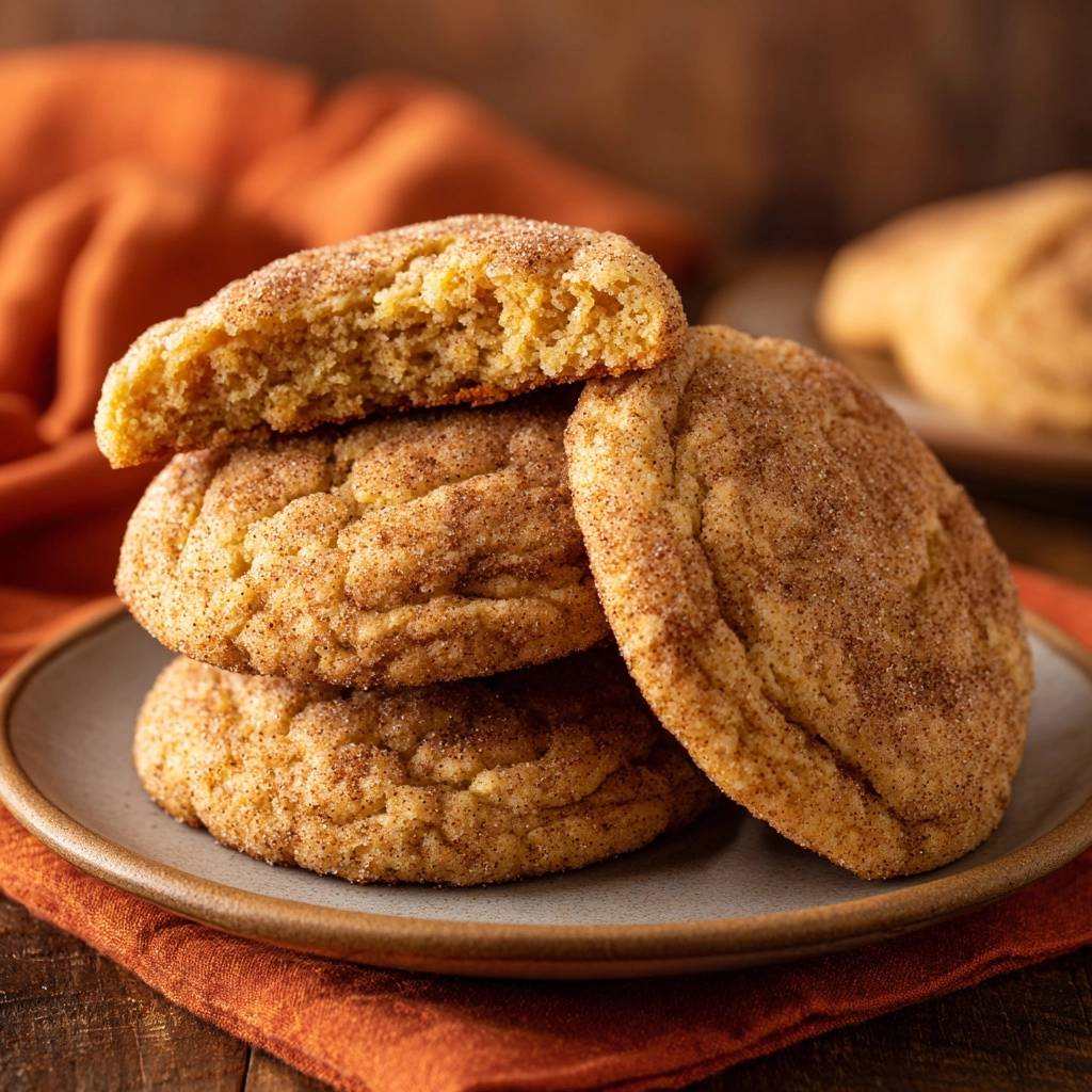 Snickerdoodles, a stack of thick, chewy cookies with crackly tops, one cookie is broken open showing the soft interior.