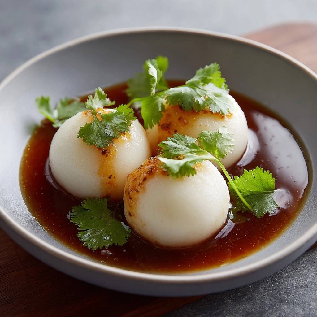 Soy glazed ramen eggs showing a close-up detail of the rich soy glaze and fresh cilantro garnish.