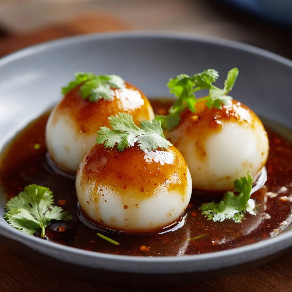 Soy glazed ramen eggs with a glossy glaze and fresh cilantro garnish in a dark bowl.