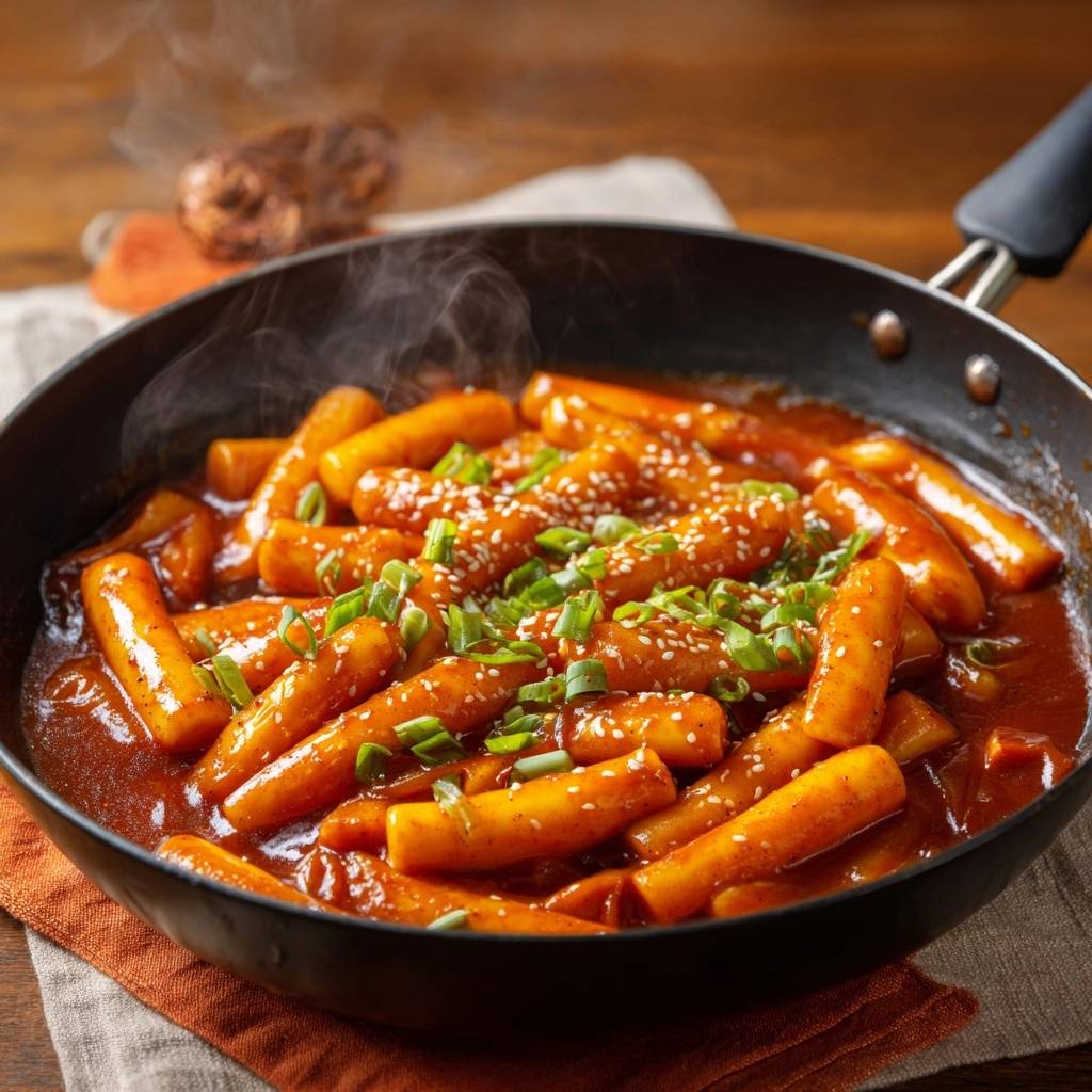 Spicy Korean tteokbokki with tender chewy rice cakes simmering in a dark red sauce in a black pan, garnished with sesame seeds and scallions.
