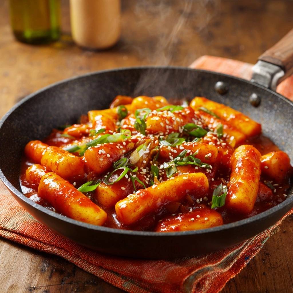 Spicy Korean tteokbokki with tender chewy rice cakes steaming in a black pan, garnished with scallions and sesame seeds.