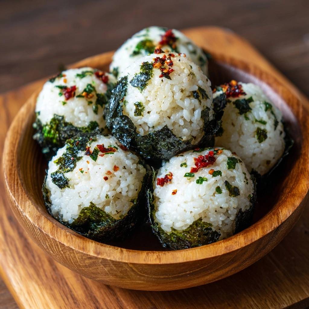 Spicy nori onigiri are tightly packed in a wooden bowl, sprinkled with chili flakes and herbs.