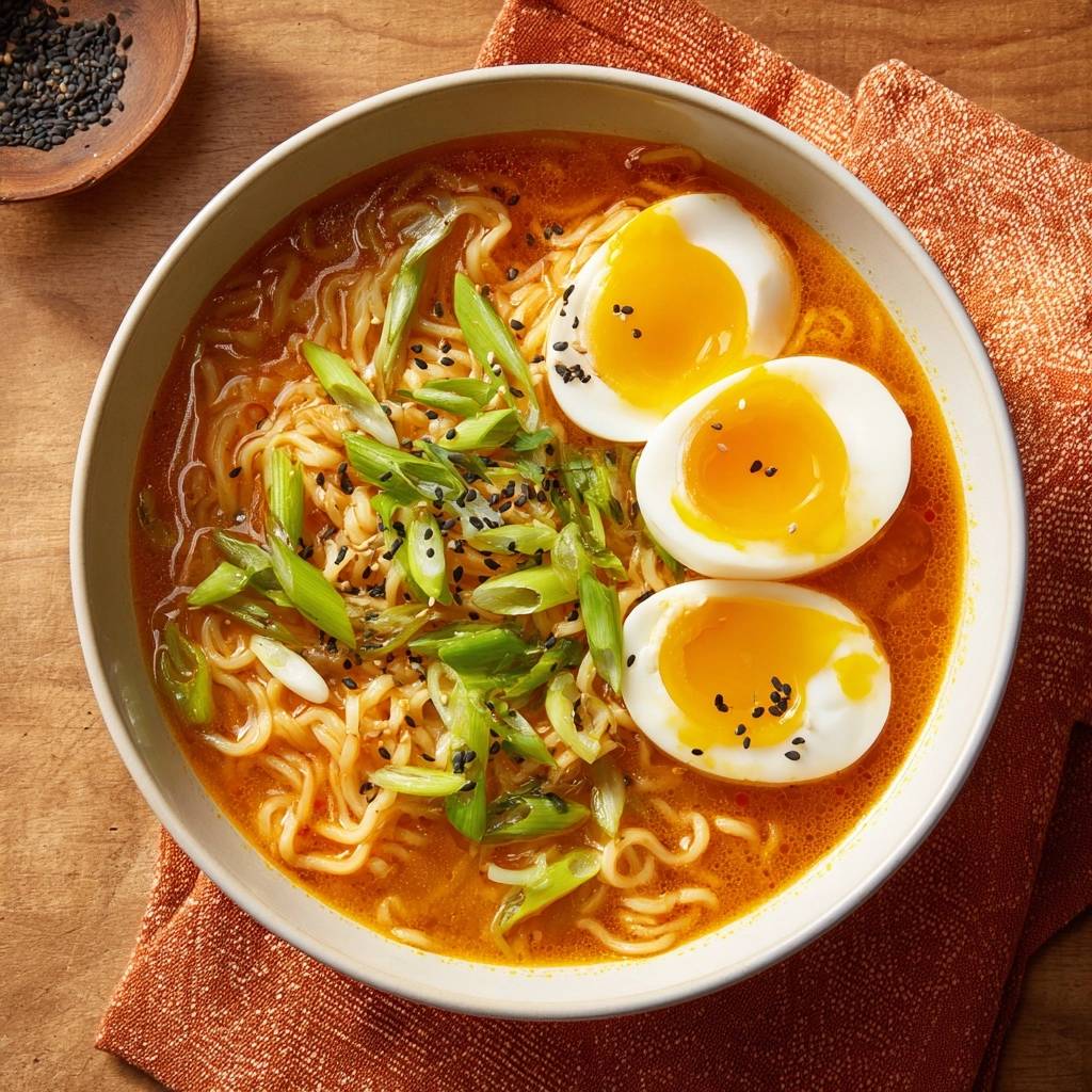 Spicy ramen with runny eggs in a bowl, garnished with green onions and sesame seeds, shown from an overhead view.