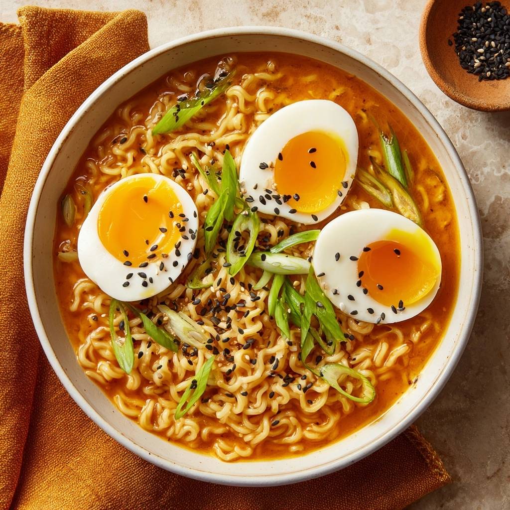 Spicy ramen with runny eggs and scallion garnish served in a white bowl, viewed from directly above.