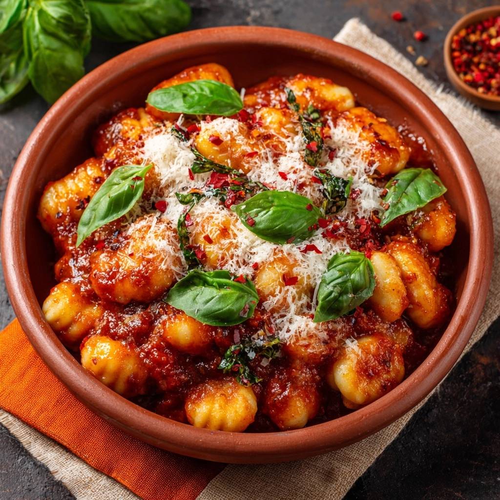 Spicy tomato gnocchi with a generous topping of grated cheese and fresh basil leaves, served in a rustic bowl.
