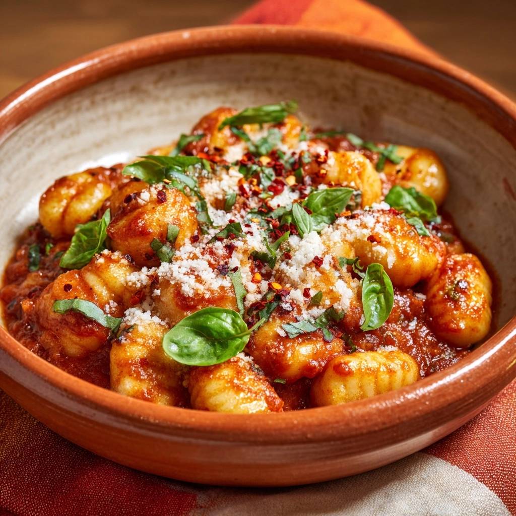Spicy tomato gnocchi with crispy edges, shown in a close-up view with fresh basil and grated cheese garnish.