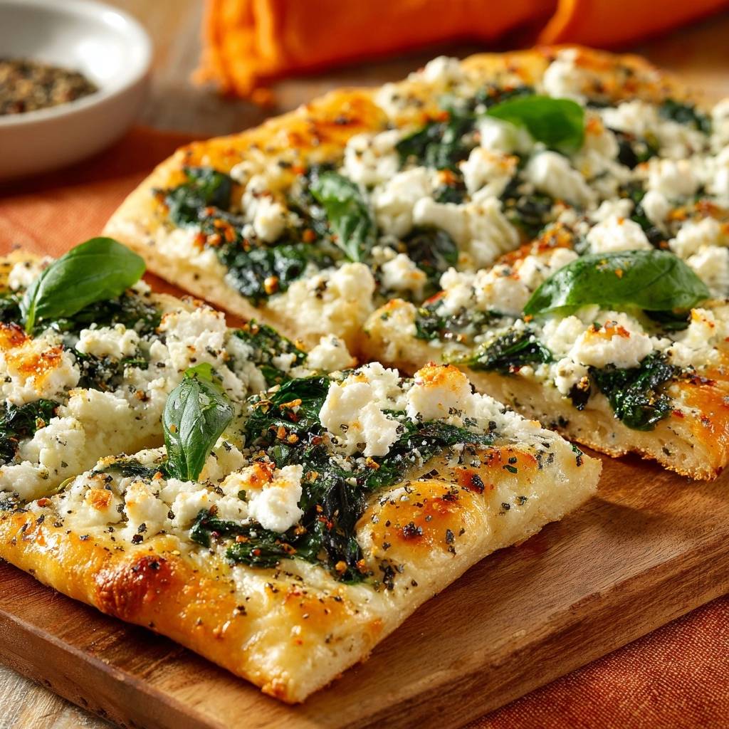 Spinach feta pizza with crispy crust shown in a close-up cross-section revealing its cheesy interior and fresh basil garnish.