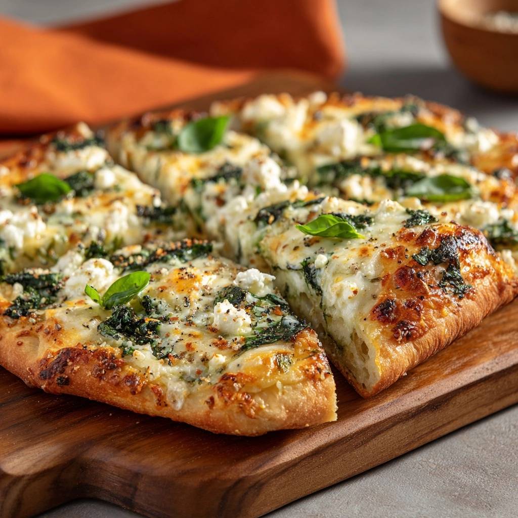 Spinach feta pizza with crispy crust mastery shown in a close-up cross-section revealing the cheesy interior and fresh basil.