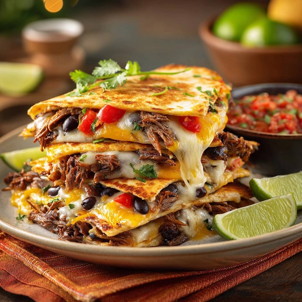 Stacked beef black bean quesadillas showing generous cheesy layers and tender shredded beef filling.