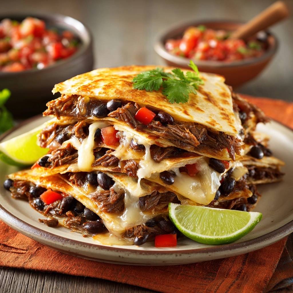 Stacked beef black bean quesadillas showing a layered cross-section with melted cheese and cilantro garnish.