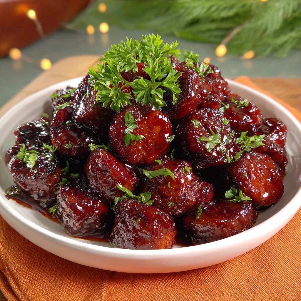 Sticky glazed meatballs with a glossy finish, garnished with fresh parsley in a white bowl.