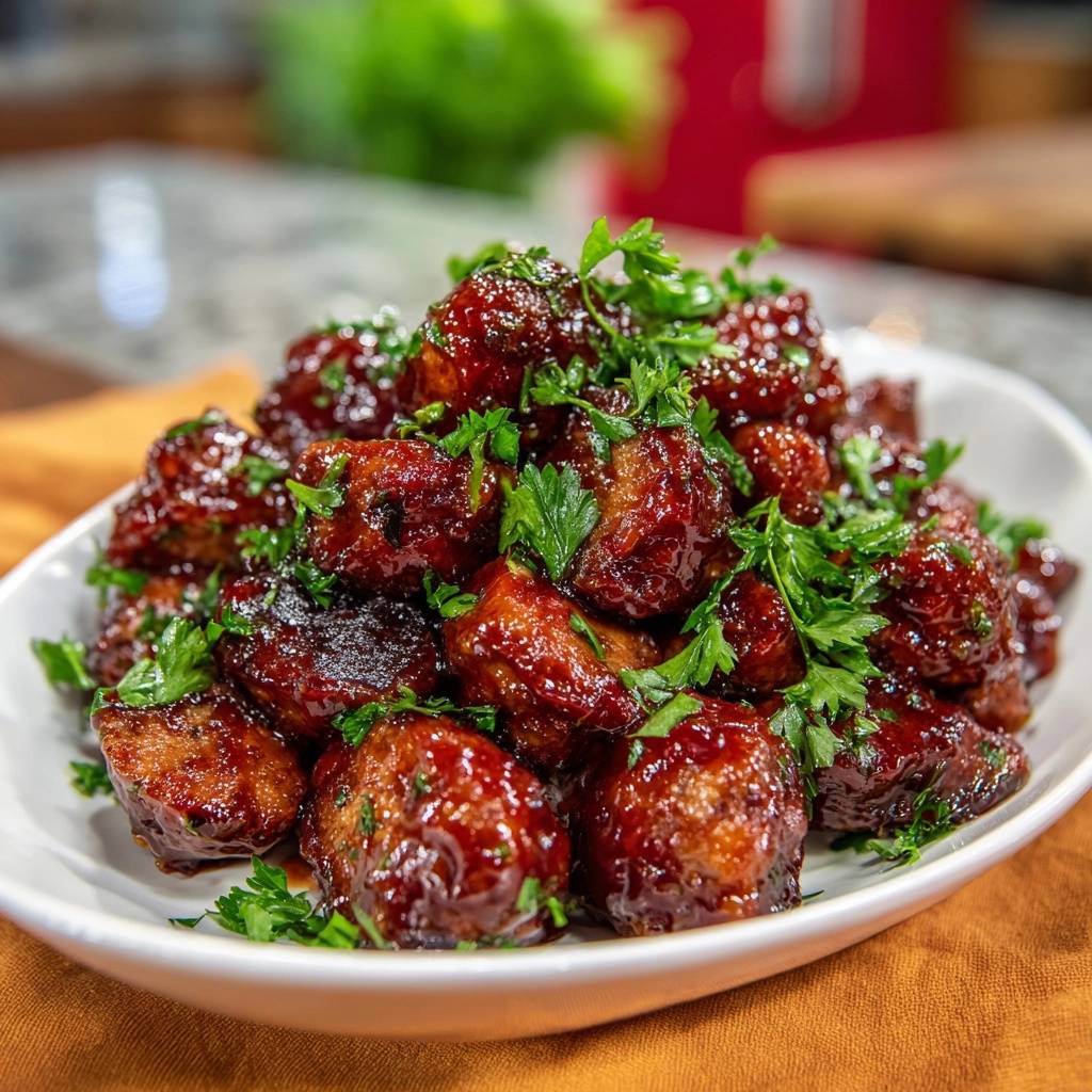 Sticky glazed meatballs piled high and glistening with a rich sauce, garnished with fresh parsley.