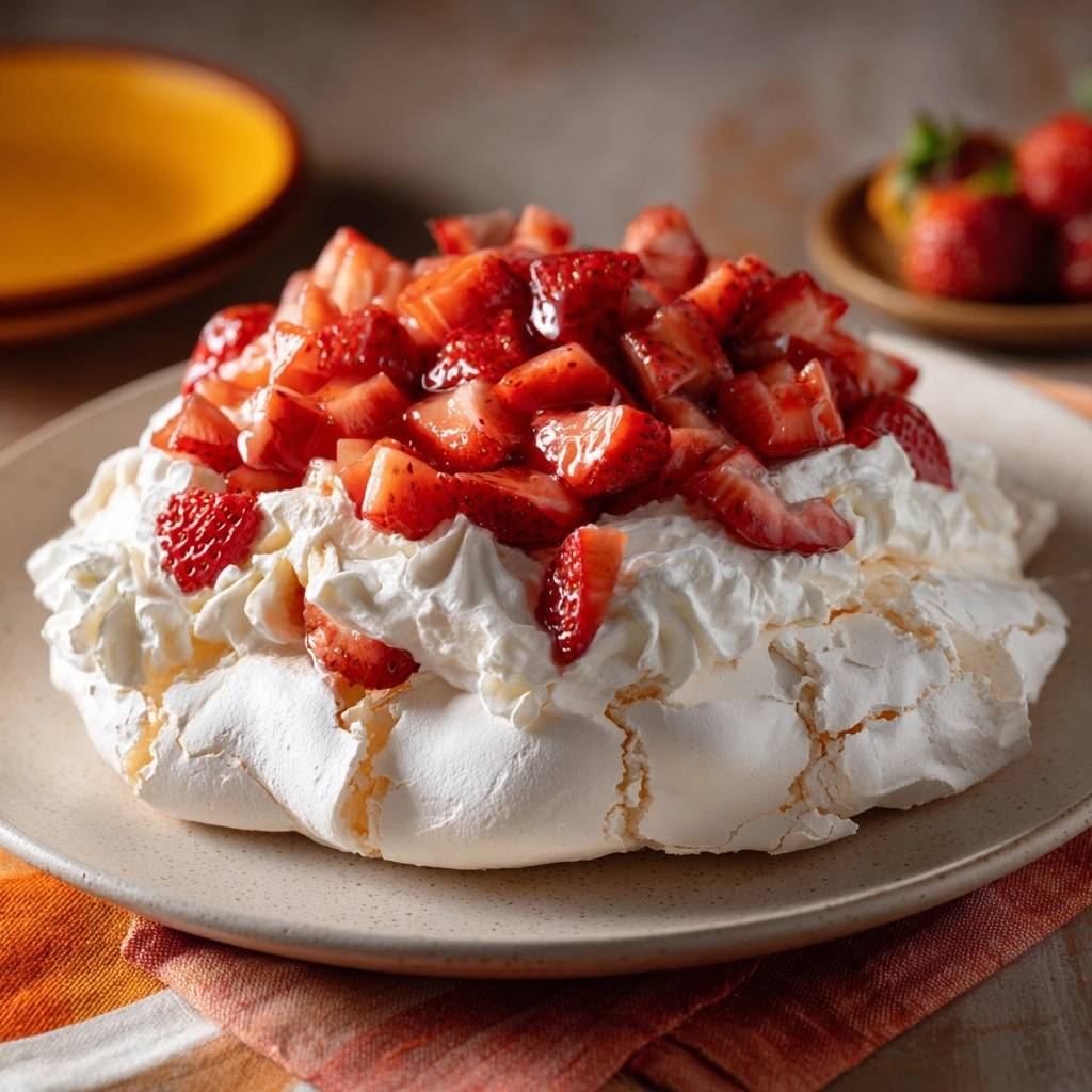 Strawberry pavlova with a crisp meringue shell topped with whipped cream and fresh, chopped strawberries.
