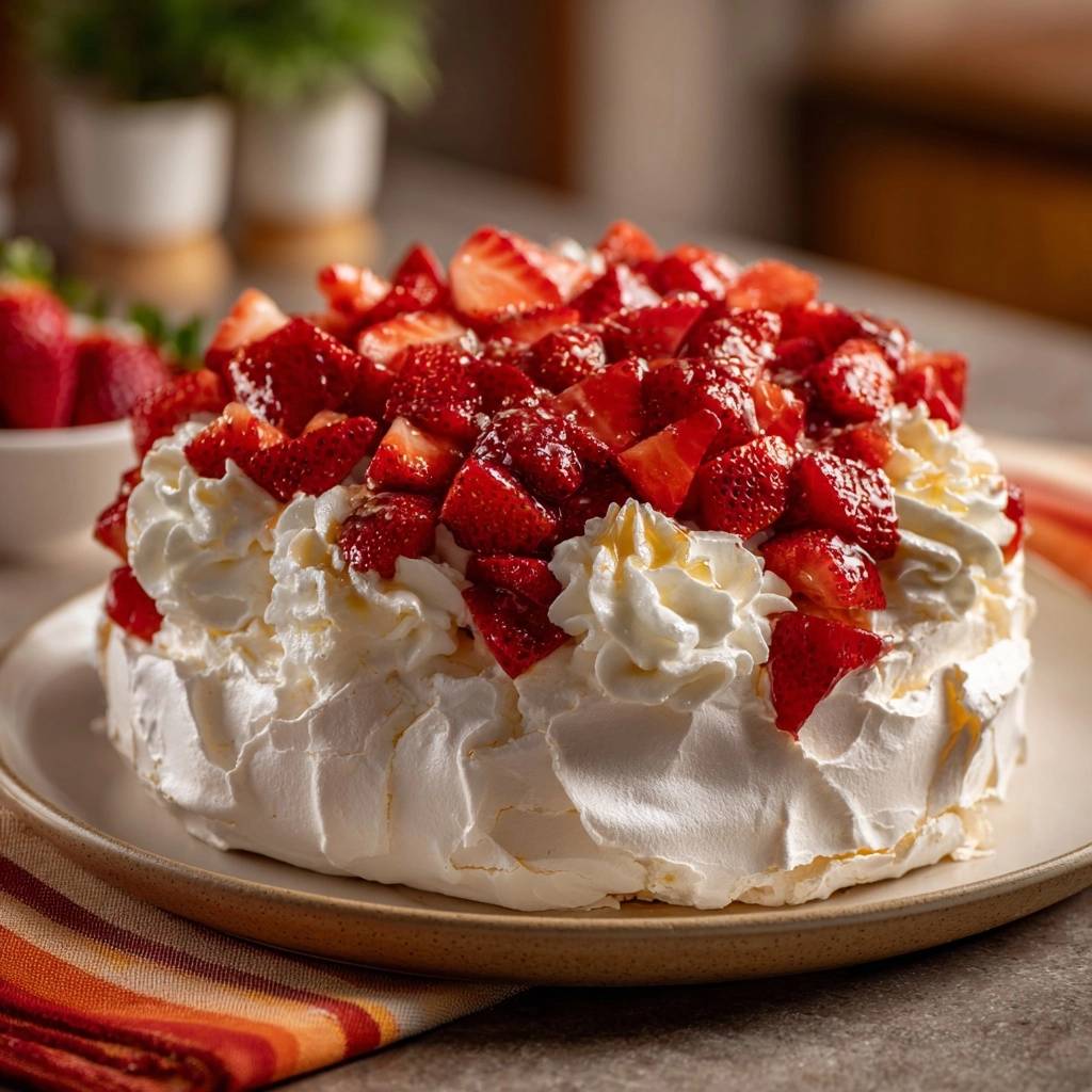 Strawberry Pavlova full dish topped generously with fresh strawberries and whipped cream, drizzled with syrup.