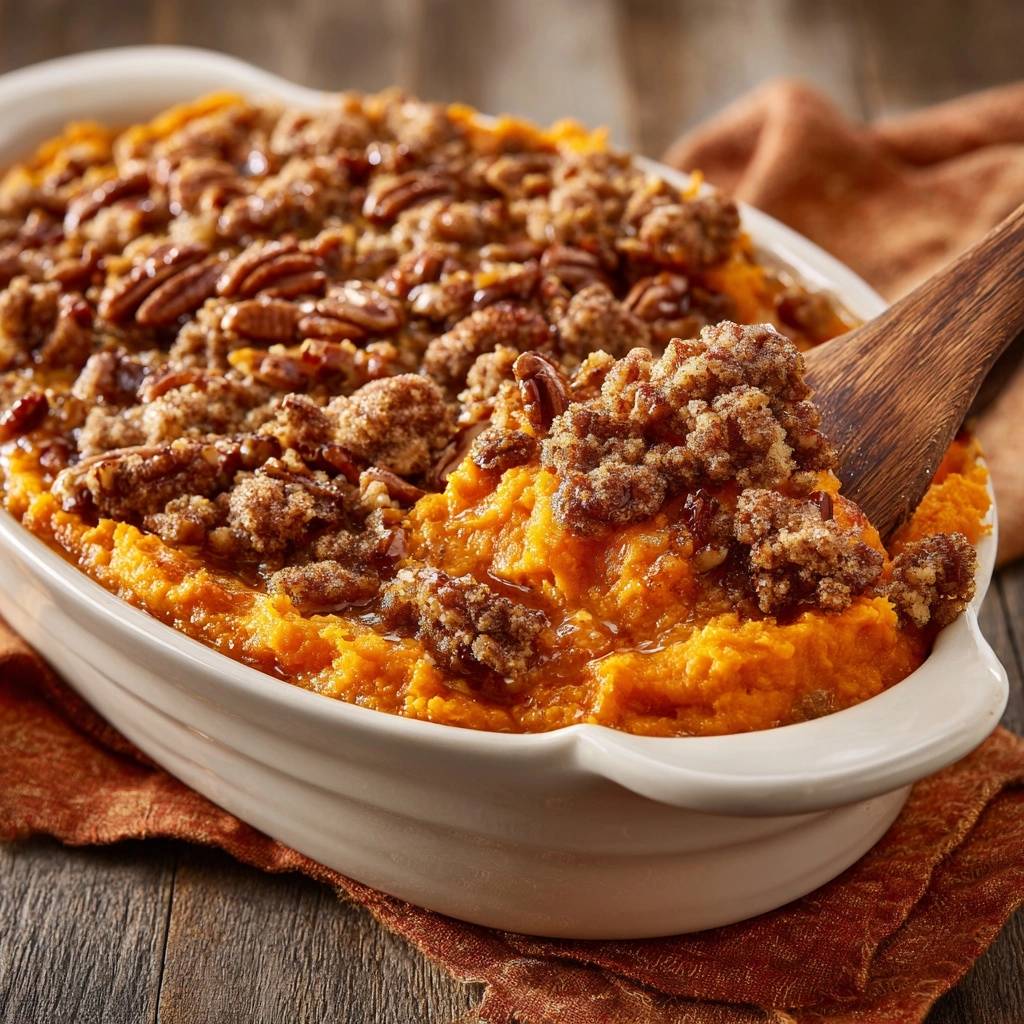 Sweet potato pecan casserole with crunchy streusel topping being scooped with a wooden spoon, showing the texture of the topping.