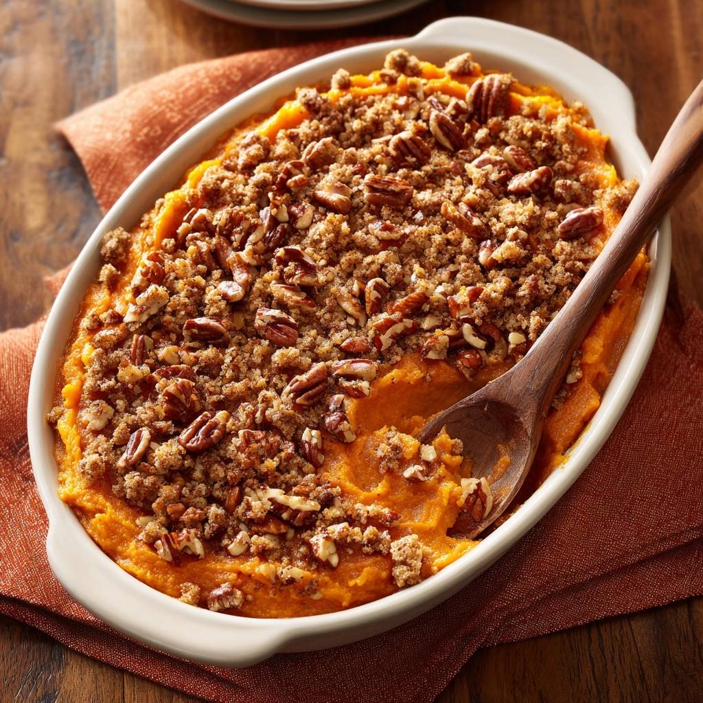 Sweet potato pecan casserole with crunchy streusel topping, showing a close-up of the pecan and crumb topping.