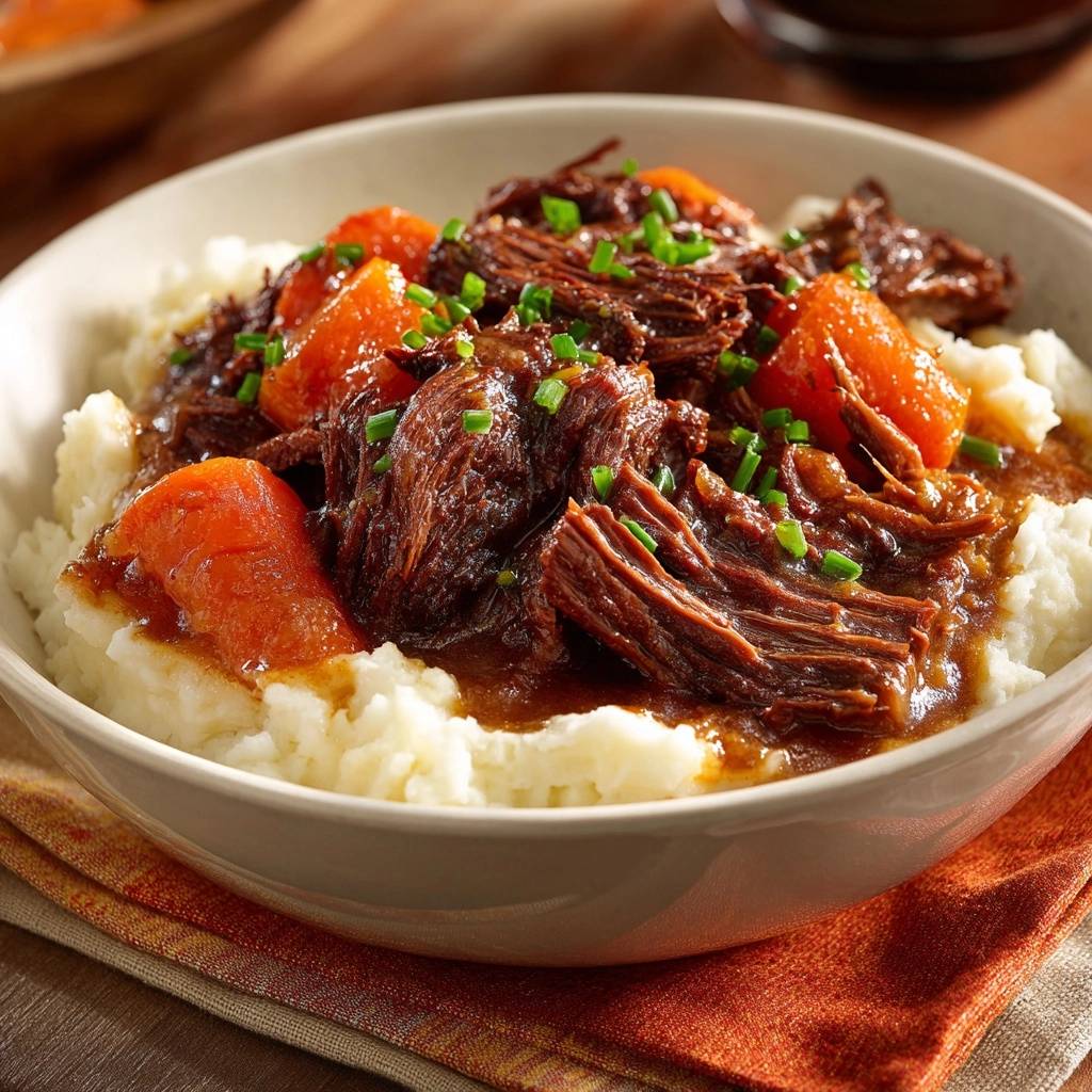 Tender beef pot roast with glazed carrots over mashed potatoes, shown in a close-up view with a rich gravy and chive garnish.