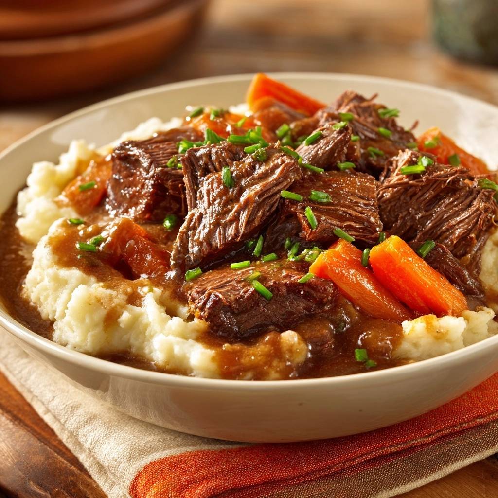 Tender beef pot roast with glazed carrots over mashed potatoes served in a white bowl, close-up view.