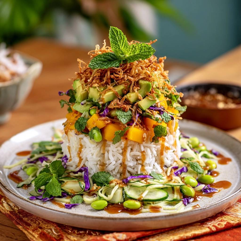 Thai-inspired Mango Avocado Rice Tower plated with a side view showcasing fresh ingredients and drizzled sauce.
