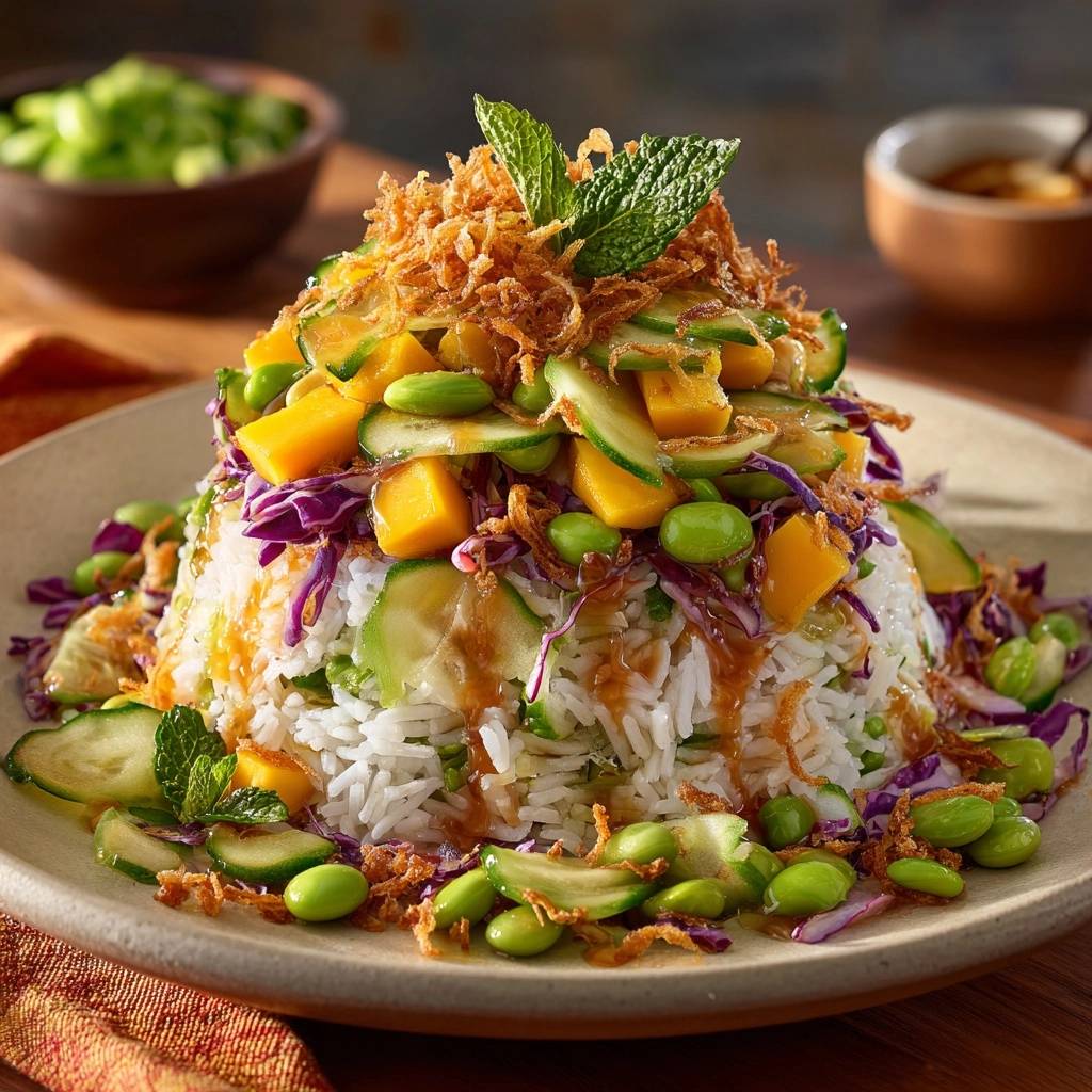 Thai-inspired mango avocado rice tower plated with fresh toppings and a drizzle of sauce.