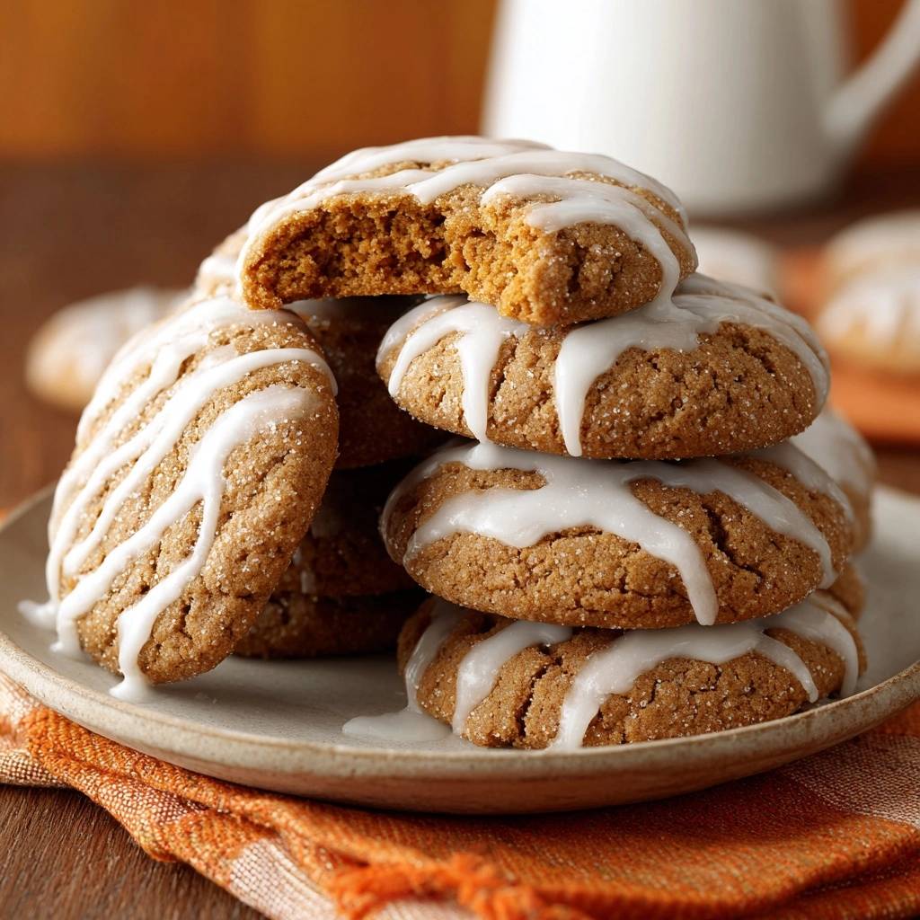 Thick chewy iced gingersnaps piled on a plate, showing the drizzled icing and textured surface.