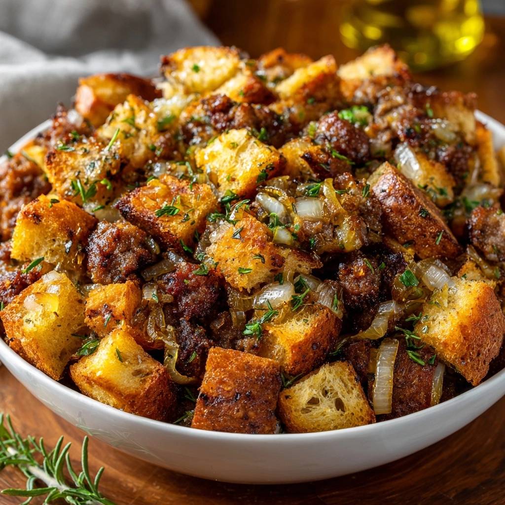 Thyme beef stuffing served in a white bowl, showing a close-up of the moist texture with bread cubes and sausage.