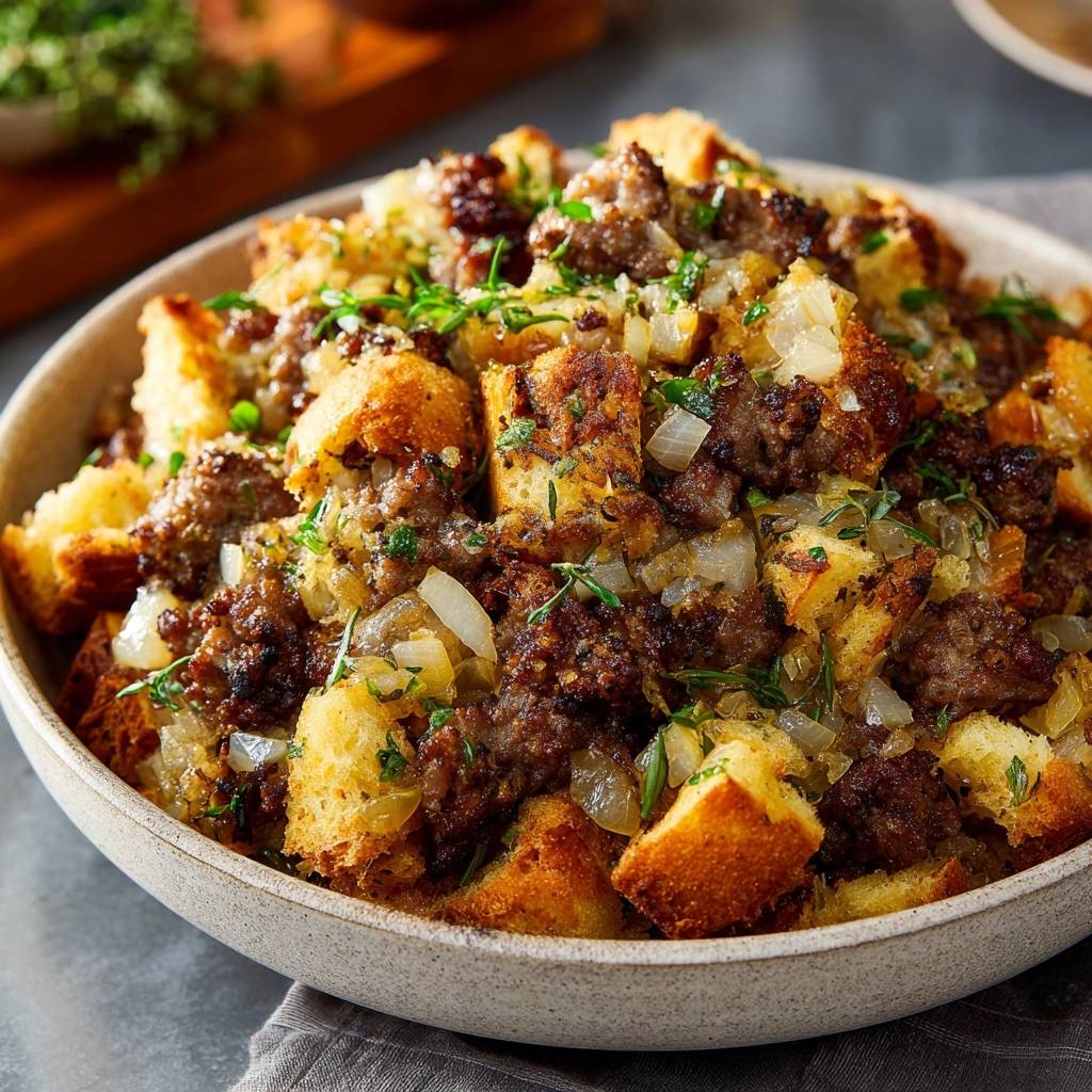 Thyme beef stuffing shown in a close-up bowl view with visible bread cubes and crumbled sausage.