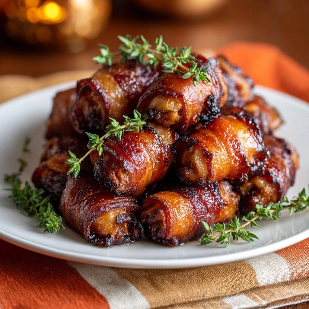 Thyme-glazed bacon-wrapped chicken bites piled high on a white plate, garnished with fresh thyme sprigs.