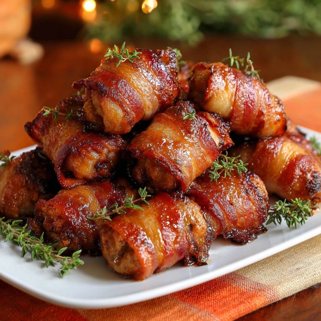 Thyme-glazed bacon-wrapped chicken bites appetizer piled high on a white plate with fresh thyme garnish.