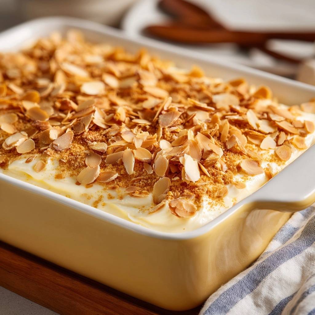 Dreamy toasted almond cake recipe features a close-up view of the creamy filling topped with toasted almonds and crumbs.