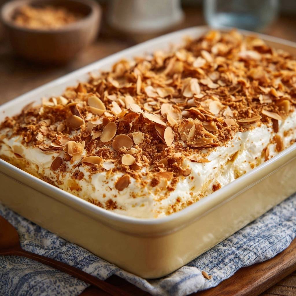 Dreamy toasted almond cake recipe topped with a generous layer of sliced almonds and crumbs.