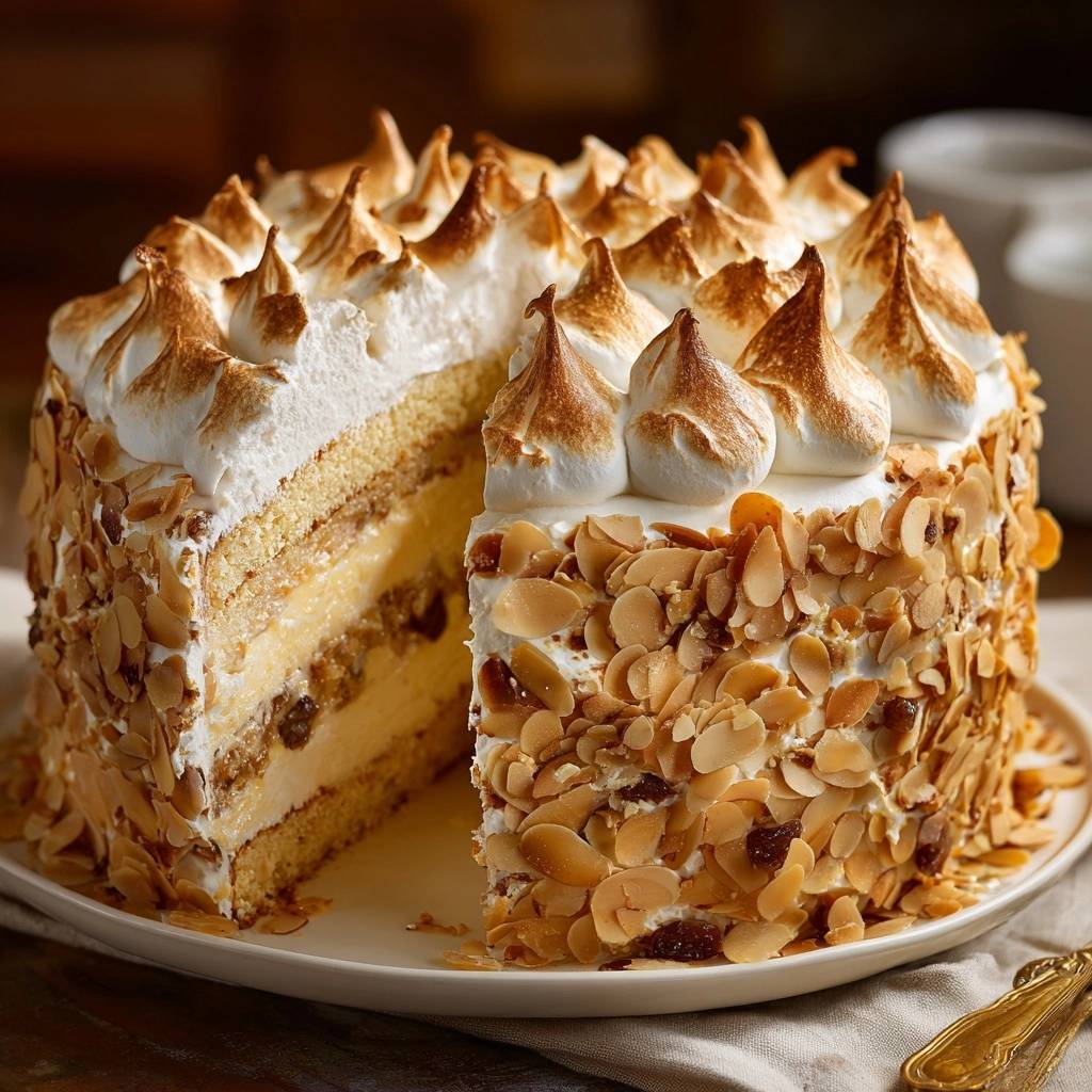 Toasted almond raisin meringue cake shown in a close-up cross-section revealing layers of cake, cream, and raisins.