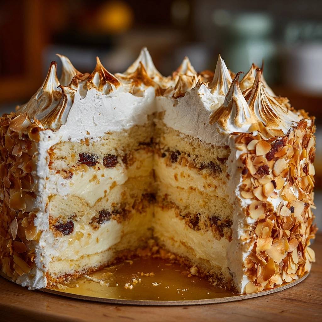 Toasted almond raisin meringue cake sliced to reveal layers of cream, raisins, and toasted meringue peaks.