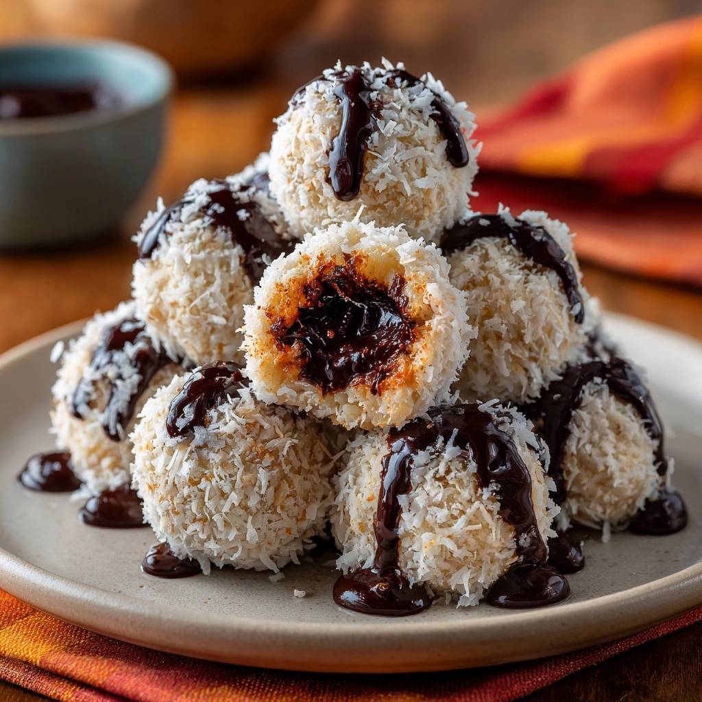 Toasted coconut chocolate lava balls with molten centers shown in a close-up cross-section revealing the rich chocolate filling.