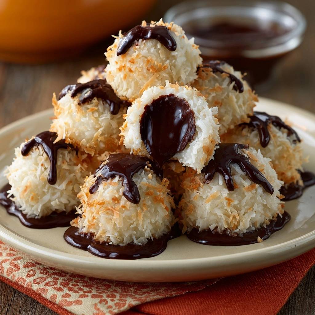 Toasted coconut chocolate lava balls with molten centers, shown in a close-up cross-section revealing the rich chocolate filling.