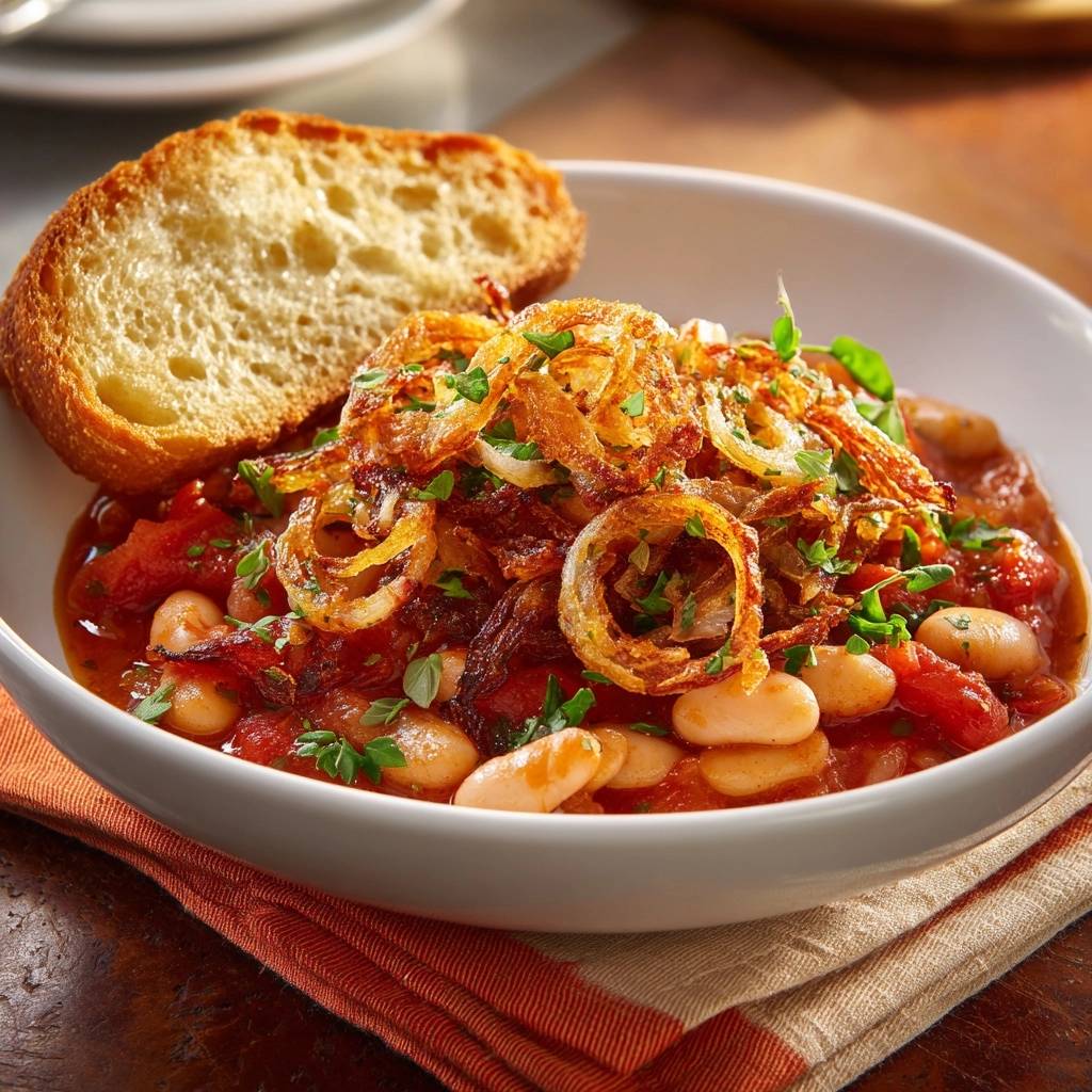 Tomato white bean stew with crispy onions and fresh parsley garnish, served with a slice of bread.