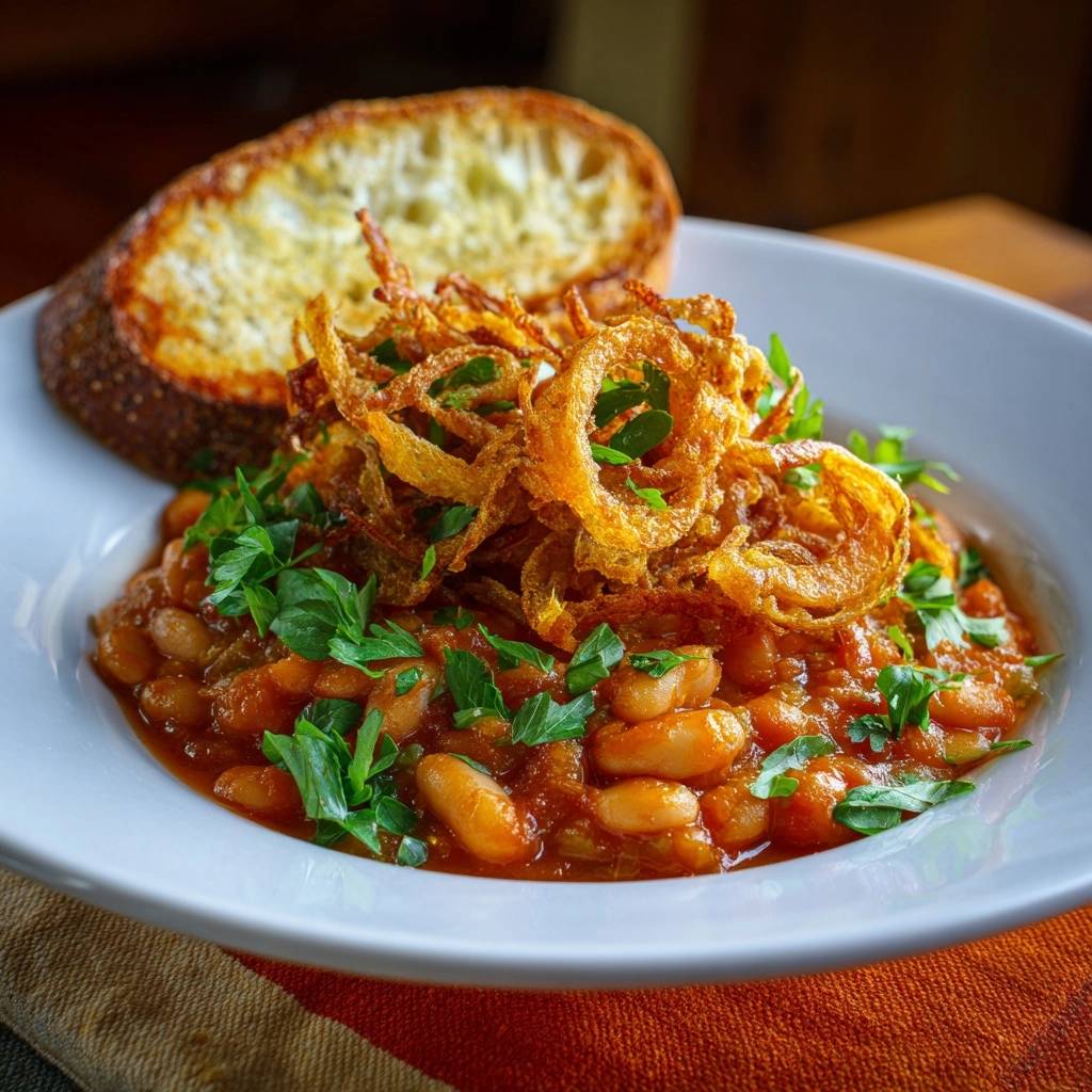 Tomato white bean stew with crispy onions and a slice of bread, shown from a side view.