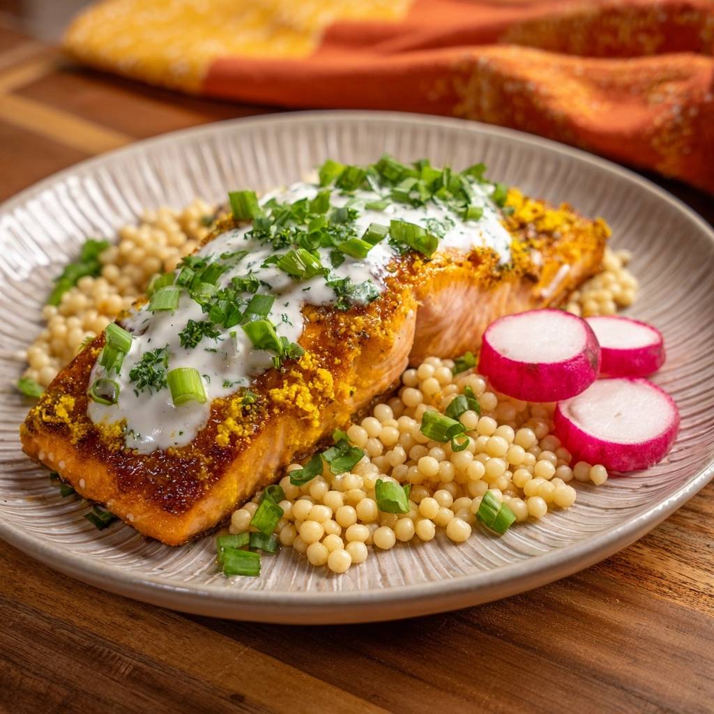 Turmeric crusted salmon with yogurt sauce and pearl couscous served on a plate with radishes.