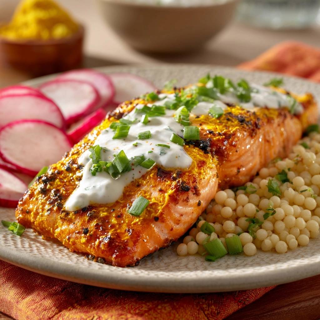 Turmeric crusted salmon with yogurt sauce and pearl couscous served on a plate with radishes