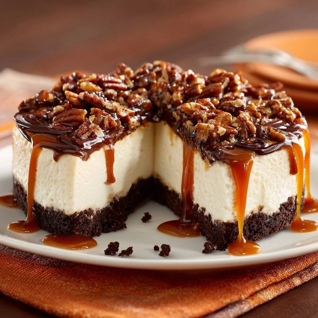 Turtle cheesecake with a cross-section revealing creamy filling, topped with chocolate, caramel, and pecans.