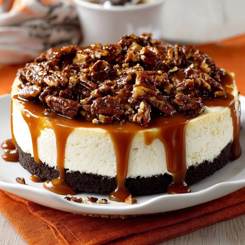 Turtle cheesecake with a rich caramel drizzle and a generous pecan topping, showcasing its decadent presentation.