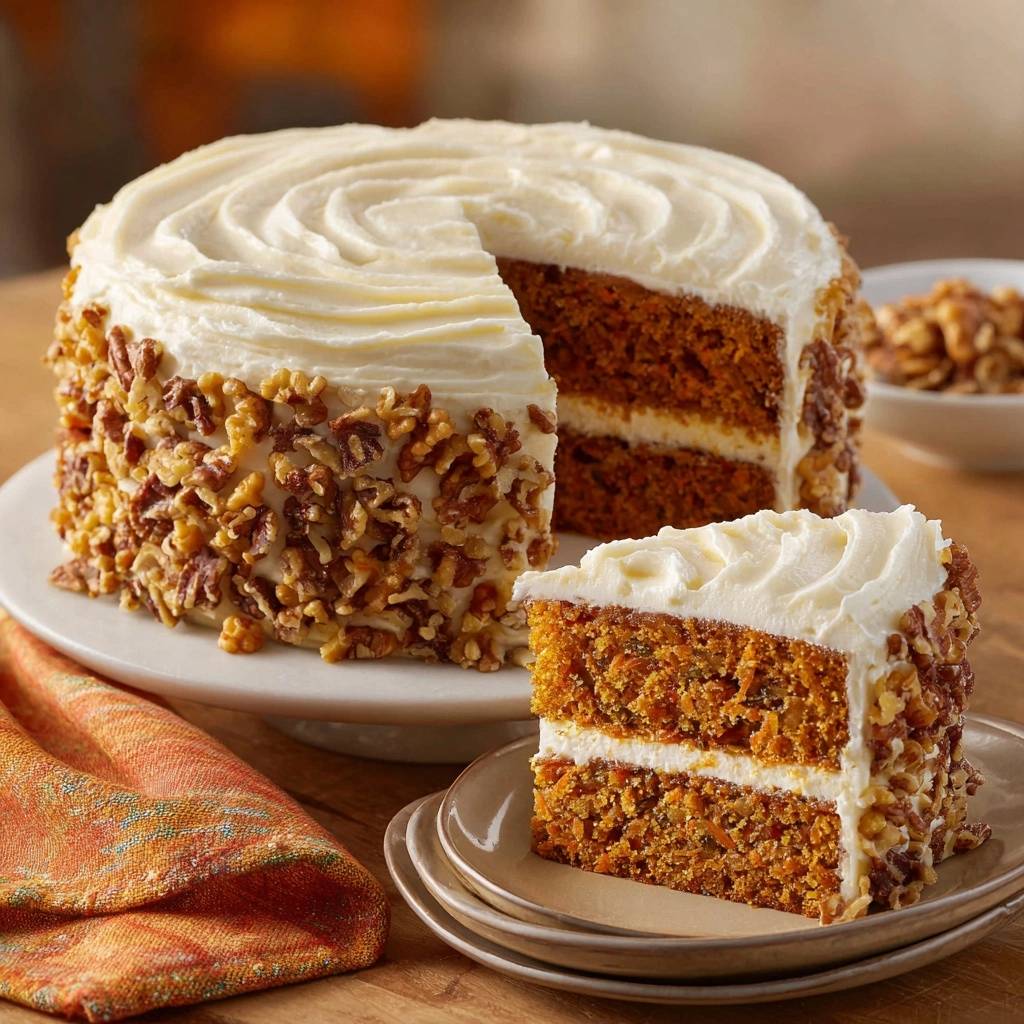 Ultimate carrot cake with frosting, walnuts, and a slice showing its layered interior.