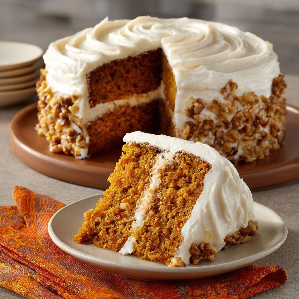 Ultimate carrot cake with a slice served on a plate, showing its moist interior and frosted top.